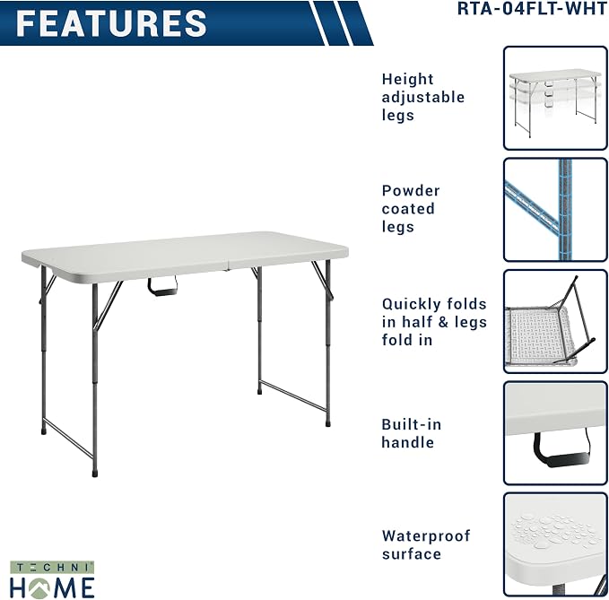 Height Adjustable 4 FT Granite White Folding Table – Premium 4 Foot Folding Table Ideal for Camping, Picnic, Party or as Kids Table | Adjustable height, indoor/outdoor use, camping, picnic, parties, kids table, folding legs, durable resin top, carry ha...