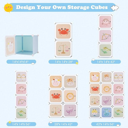 INFANS Children Wardrobe, Kid Closet Portable Baby Dresser Cute for Kids Bedroom Nursery Armoire with Doors 12 Cube 2 Hanging Sections, Kid Clothes Storage Organizer (Pink, 12 Cubes)