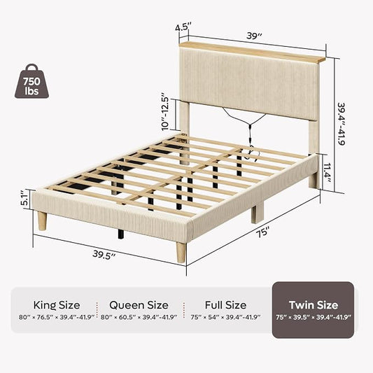 Bestier Twin Bed Frame with LED Lights& Shelf, Corduroy Upholstered Platform Bed with Adjustable Headboard, Solid Wood Legs, Noise-Free, Easy Assembly, Beige for Bedroom