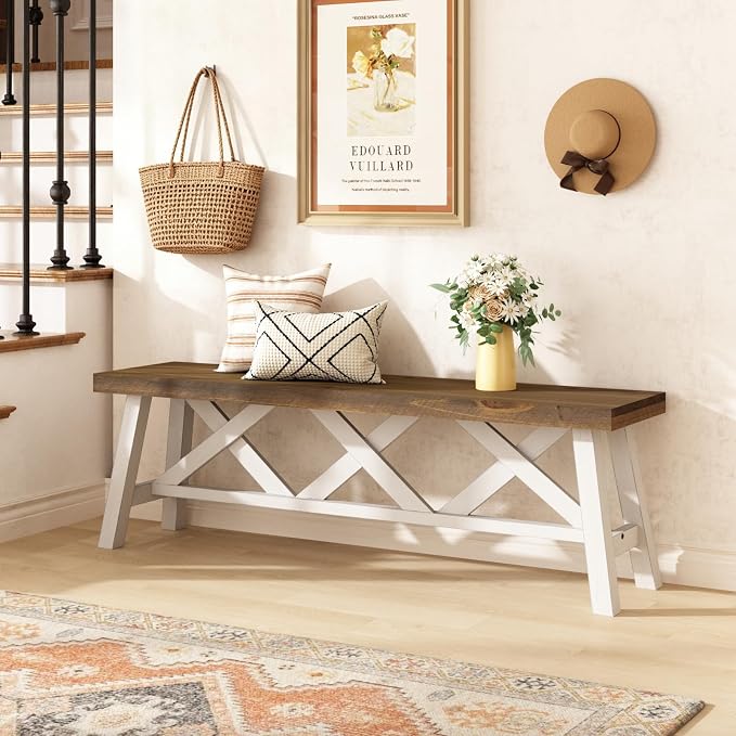 Wnutrees 54" Farmhouse Wood Bench, Rustic Solid Wood Entryway Bench Seat with Double X-Structure for Dining Area Living Room Hallway, Structural Stability, White