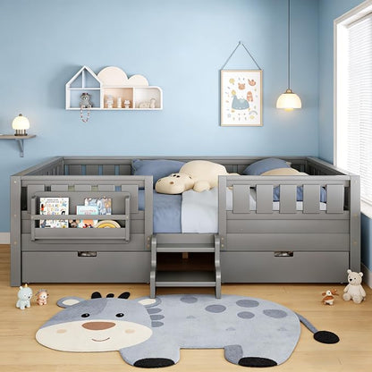 Queen Platform Bed with Storage Drawers and Bookshelves, Kids Platform Bed Frame with Low-profile Stairs and Full-length Guardrails, Queen Bed Frame for Boys, Girls, No Box Spring Needed, Gray