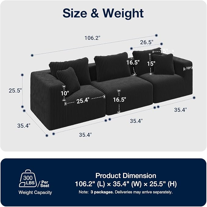 Avenco 106” 3-Seater Modular Sofa Couch, Individually Wrapped Coil Support & Corduroy Fabric, Zero Assembly 3-Piece Set for Apartment, Black