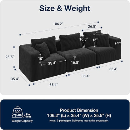 Avenco 106” 3-Seater Modular Sofa Couch, Individually Wrapped Coil Support & Corduroy Fabric, Zero Assembly 3-Piece Set for Apartment, Black