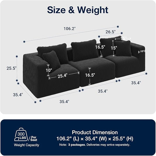 Avenco 106” 3-Seater Modular Sofa Couch, Individually Wrapped Coil Support & Corduroy Fabric, Zero Assembly 3-Piece Set for Apartment, Black