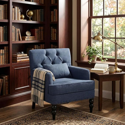 HUIMO Accent Chair for Living Room, Tufted Upholstered Club Chair with Lumbar Pillow, Vintage Reading Armchair with Solid Wood Legs for Bedroom Apartment, Indigo Blue