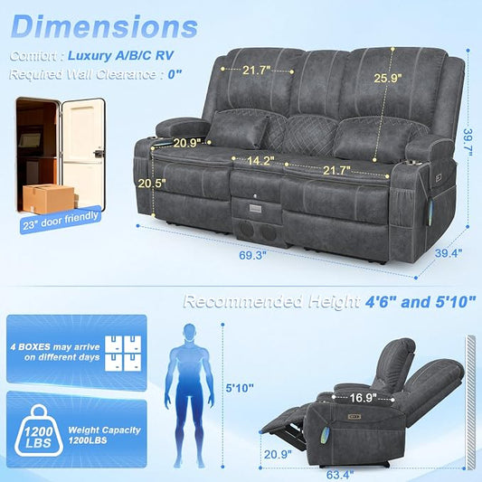 Power Recliner Loveseat Recliner with Massage and Lumbar Heating, Home Theater Reclining Loveseat with Flip Console, RV Couch Wall Hugger with 2 Speakers, Storage, USB, Outlet & LED (Velvet,Grey)