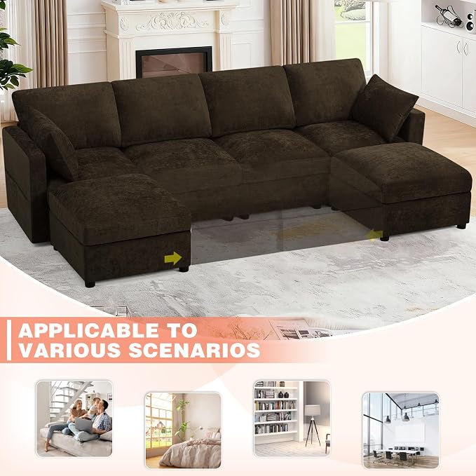 110” Chenille 4-Seats Sofa W/Two Movable Ottomans, Brown | Modern Fabric U-Shaped Couch w/Soft Backrests, Upholstered Sectional Sofa w/Arm Pillows for Living Room, Office
