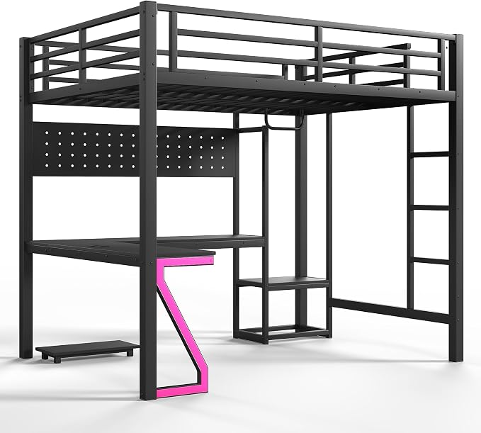 Bellemave Full Size Loft Bed with Desk and USB Ports, Computer Tray, Peg Board LED, Metal Full Loft Bed Frame for Adults, Kids, Teens, Black