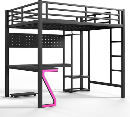 Bellemave Full Size Loft Bed with Desk and USB Ports, Computer Tray, Peg Board LED, Metal Full Loft Bed Frame for Adults, Kids, Teens, Black