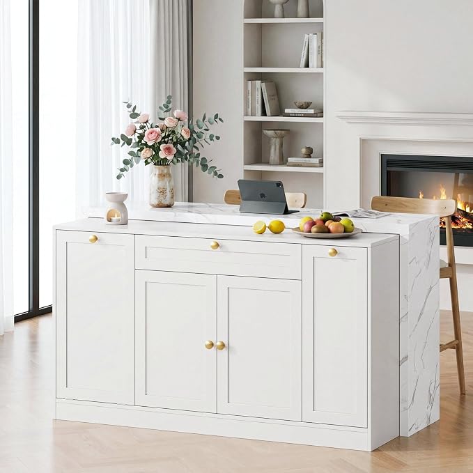 ONBRILL 63" Kitchen Island with Storage, Island Table with Power Outlet & Trash Cabinet, Kitchen Island with Marble Countertop for Kitchen, Dining Room, Living Room, White