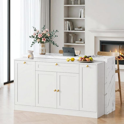 ONBRILL 63" Kitchen Island with Storage, Island Table with Power Outlet & Trash Cabinet, Kitchen Island with Marble Countertop for Kitchen, Dining Room, Living Room, White