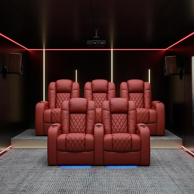 Weilianda Home Theater Seating Top Grain Leather Zero Gravity Recliner Chair Power Headrest Recline Movie Seat Gaming 7 Colors Mood Light Sofa with Tray Table USB Charge Row of 4 Loveseat Left Red