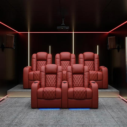 Weilianda Home Theater Seating Top Grain Leather Zero Gravity Recliner Chair Power Headrest Recline Movie Seat Gaming 7 Colors Mood Light Sofa with Tray Table USB Charge Row of 4 Loveseat Left Red