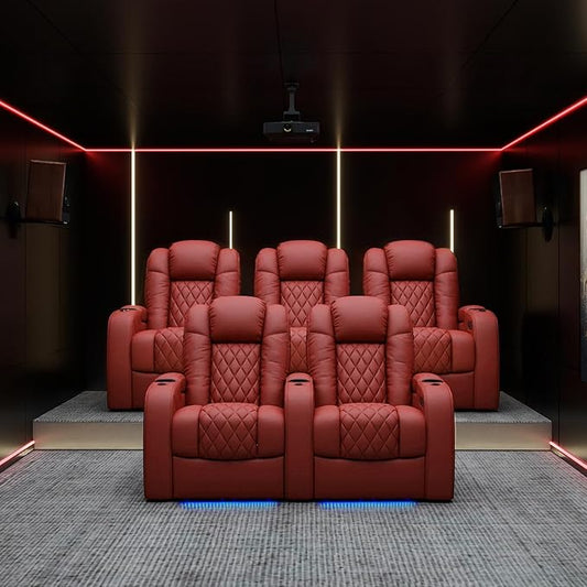 Weilianda Home Theater Seating Top Grain Leather Zero Gravity Recliner Chair Power Headrest Recline Movie Seat Gaming 7 Colors Mood Light Sofa with Tray Table USB Charge Row of 4 Loveseat Left Red