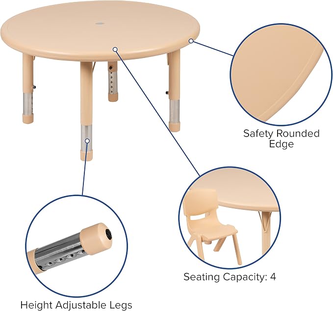 BizChair 33" Round Natural Plastic Height Adjustable Activity Table - School Table for 4