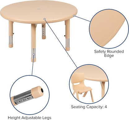 Flash Furniture Wren 33" Round Natural Plastic Height AdjusTable with Rounded Safety Corners Activity Table with Rounded Safety Corners