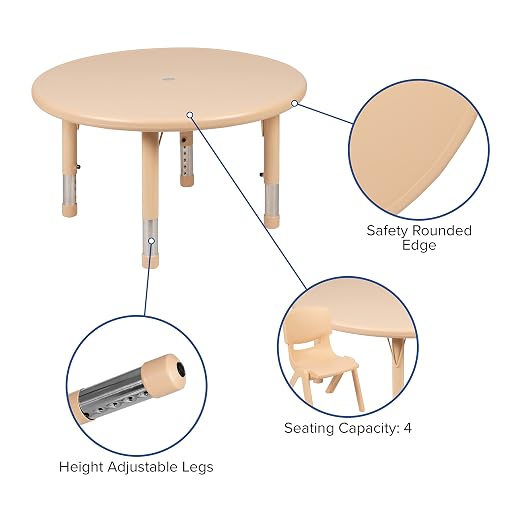 EMMA + OLIVER 33" Round Natural Plastic Height Adjustable Activity Table - School Table for 4