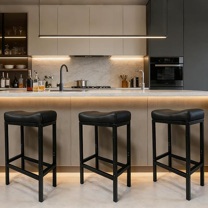 Bar Stools Set of 2, 30 Inch Backless Counter Height Bar Stools with Soft Faux Leather Seat, 300 LB Heavy Duty Padded Saddle Barstool Chair for Modern Kitchen Island Counter (Black)