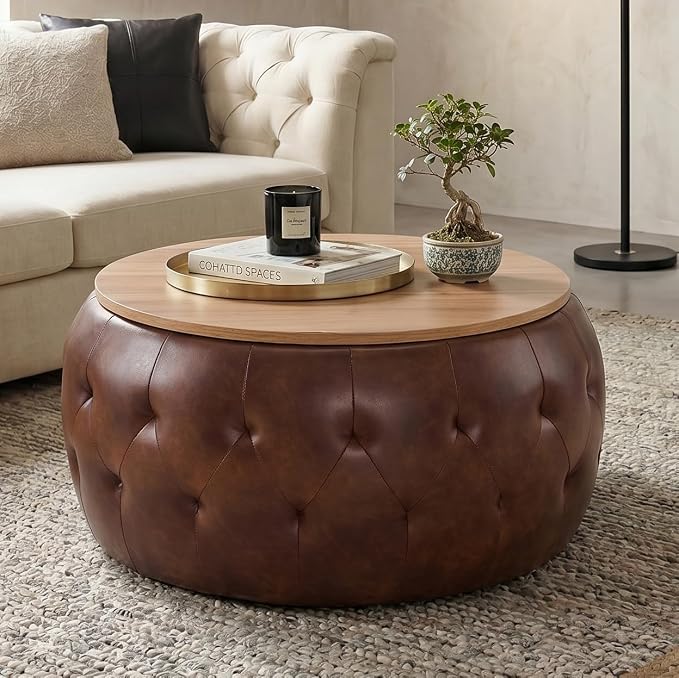 Round Storage Ottoman Coffee Table with Wooden Tabletop, 25 Inches Leather Ottoman for Living Room, Bedroom, Apartments (Brown)