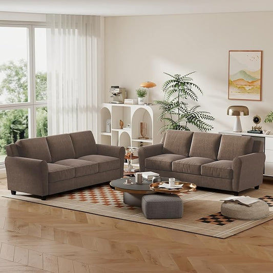 Bonzy Home 2 Piece Sofa Set, 3-Seater Sofa Couch Set of 2, Modern Comfy Sofa with Thick Cushion for Living Room Apartment Office, Brown