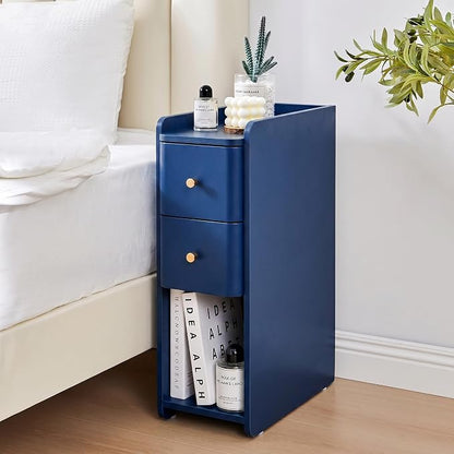 Blue Narrow Nightstand, Wooden Small 2 Drawer Nightstand, Slim Side End Table, Skinny Bedside Table, Mid Century Modern Night Stand with Drawers, for Living Room (Blue-1 pc)