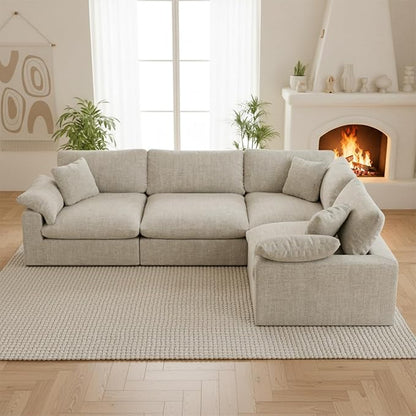 Modular Sectional Sofa, 4 Seater Cloud Couch,Down Filled Comfy Cloud Modern Sofa,Light Beige Linen Oversized Couch Cushion Covers Removable for Living Room