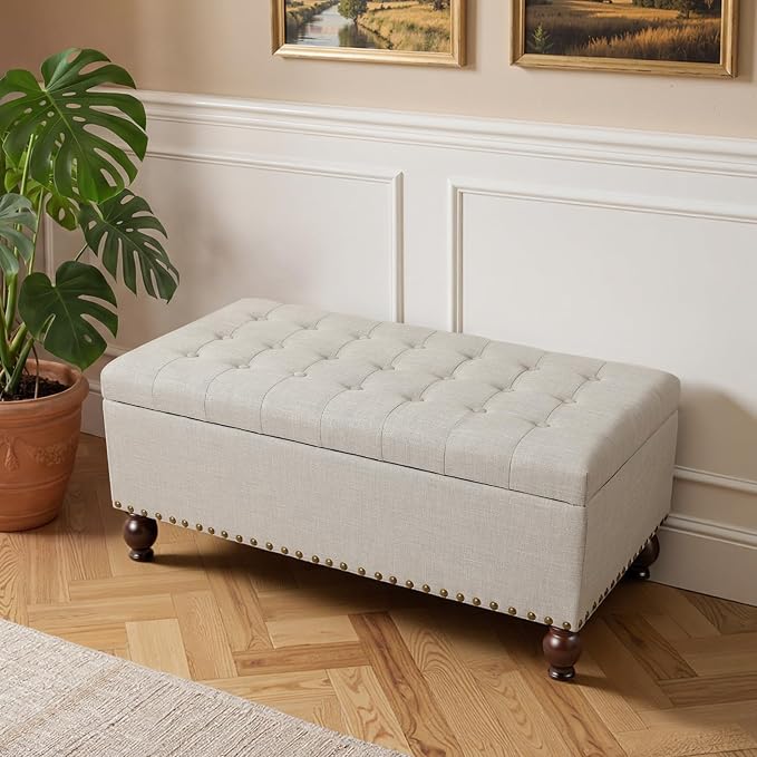 Asense 40" Storage Ottoman Bench, Faux Leather Tufted Upholstered End of Bed Bench with Safety Hinge for Bedroom,Entryway,Living Room,Light Gray