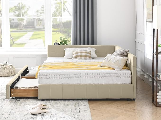 KEIKI Full Size L Shape Corner Bed Frames with 2 Storage Drawer, Backrest and Armrests, Velvet Upholstered Sofa Daybed for Small Room, Living Room, Bedroom, Guest Room, Kids' Room