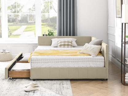 KEIKI Full Size L Shape Corner Bed Frames with 2 Storage Drawer, Backrest and Armrests, Velvet Upholstered Sofa Daybed for Small Room, Living Room, Bedroom, Guest Room, Kids' Room