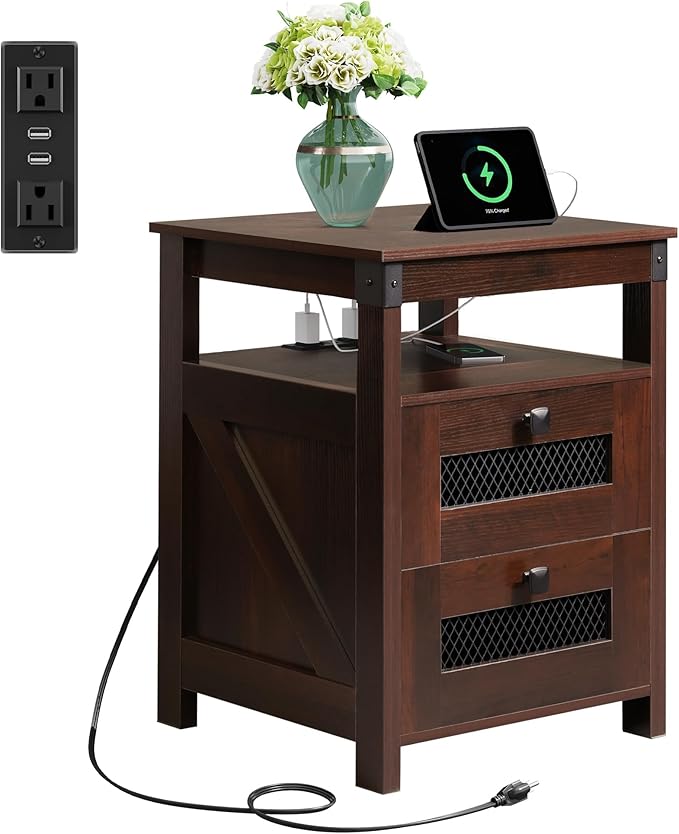 WLIVE Nightstand with Charging Station, Farmhouse End Table, Bed Side Table with 2 Storage Drawers and Open Shelf, Wood Rustic Nightstands for Bedroom, Espresso