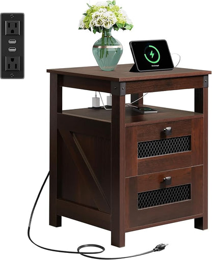 WLIVE Nightstand with Charging Station, Farmhouse End Table, Bed Side Table with 2 Storage Drawers and Open Shelf, Wood Rustic Nightstands for Bedroom, Espresso