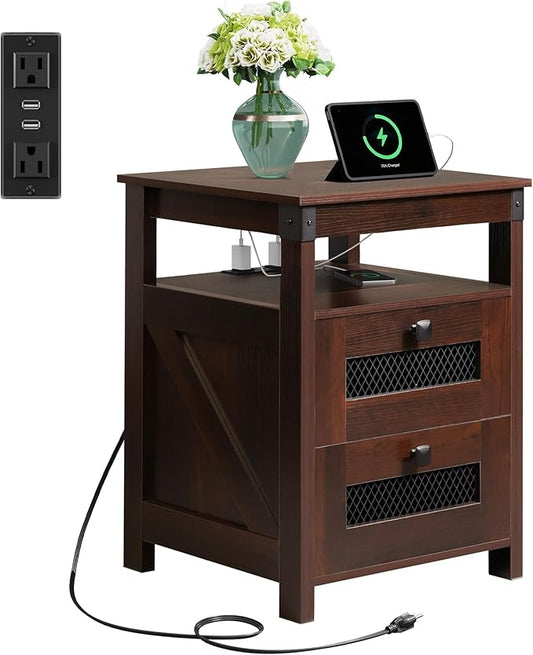 WLIVE Nightstand with Charging Station, Farmhouse End Table, Bed Side Table with 2 Storage Drawers and Open Shelf, Wood Rustic Nightstands for Bedroom, Espresso
