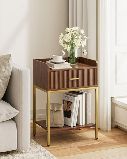 Nightstand, 3-Tier Bed Side Table, Small End Table, Night Stand with Open Shelf and Drawer, Bedside Table for Bedroom, Living Room, Walnut