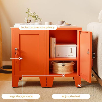 ALBAD Metal Nightstand with Lockable Cabinet, Compact Mini Locker Bedside Table for Kids & Adults, Modern Steel Side Table for Bedroom, Dorm, or Living Room (Orange)