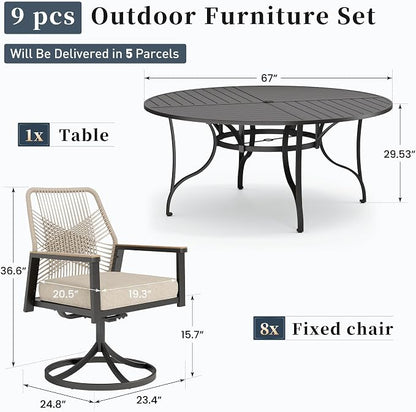 Patio Dining Set 9 Piece, 8 x Woven Rattan Swivel Chairs with Waterproof Cushion, 67" Round Metal Dining Table with Umbrella Hole, Outdoor Table and Chairs Set for Backyard Lawn and Deck, Beige