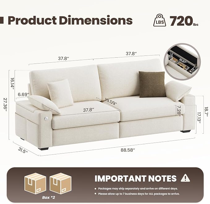 MALOL 89" Loveseat Couch, 3 Seater Upholstered Midcentury Mondern Love Seat with USB Type C Ports, 4 Pillows and Storage Armrest Cloud Foam Sofa for Living Room/Small Spaces, Beige | Breathable material