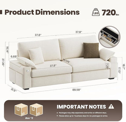 MALOL 89" Loveseat Couch, 3 Seater Upholstered Midcentury Mondern Love Seat with USB Type C Ports, 4 Pillows and Storage Armrest Cloud Foam Sofa for Living Room/Small Spaces, Beige | Breathable material