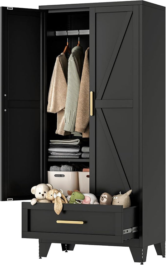 LCAOPC 71" Tall Metal Wardrobe Cabinet with Drawer and Hanging Rod, 2 Doors Armoire Wardrobe Closet with Shelf for Bedroom, Office, Laundry Room, Black