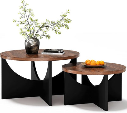 LIKIMIO Nesting Coffee Tables Set of 2, 31.5" Round Side Tables for Living Room, Wooden End Table, Walnut
