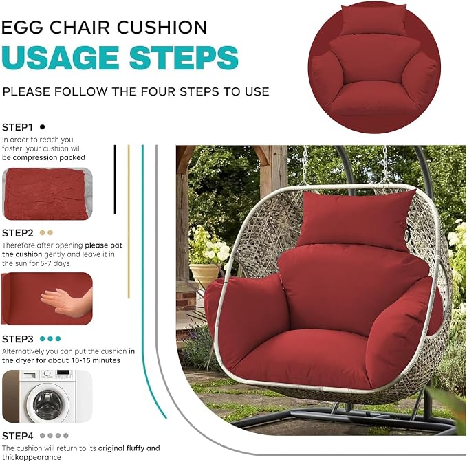 Egg Chair Cushion Replacement, Waterproof Thicken Hanging Egg Swing Chair Cushion for Outdoor Furniture, Wicker Rattan Hammock Basket Cushion with Headrest Pillow 47x31.5x4.7 inch(Red)