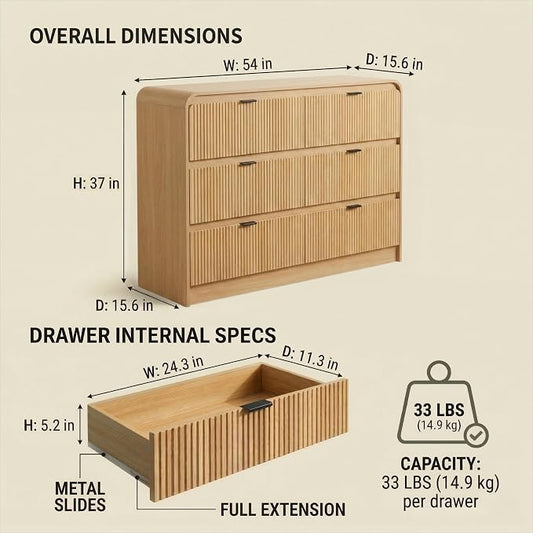 FURSUN Fluted 6 Drawers Dresser for Bedroom, 54" Wide Wooden Dresser with Metal Handle, Curved Profile Design, Modern Storage Organizer for Bedroom, Living Room, Hallway, Natural Oak