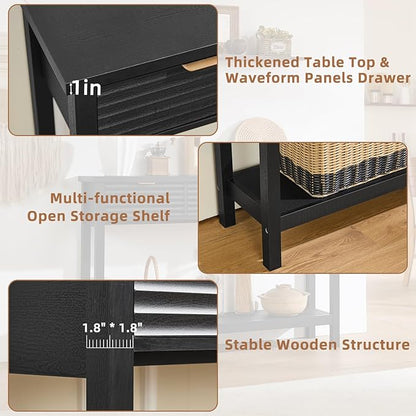 LEYAOYAO Fluted 47.2" Console Table with 3 Drawers, Modern Wood 2 Tier Entryway Table with Open Storage Shelf, Boho Sofa Entry Tables Behind Couch for Living Room, Hallway, Entrance Foyer, Black Oak