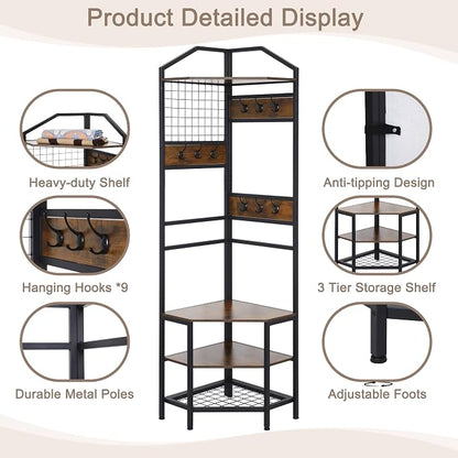 Heavy Duty Corner Hall Tree Organizer, 3-in-1 Industrial Freestanding Coat Storage Rack with Hooks and 4 Wooden Shelves for Entryway, Black
