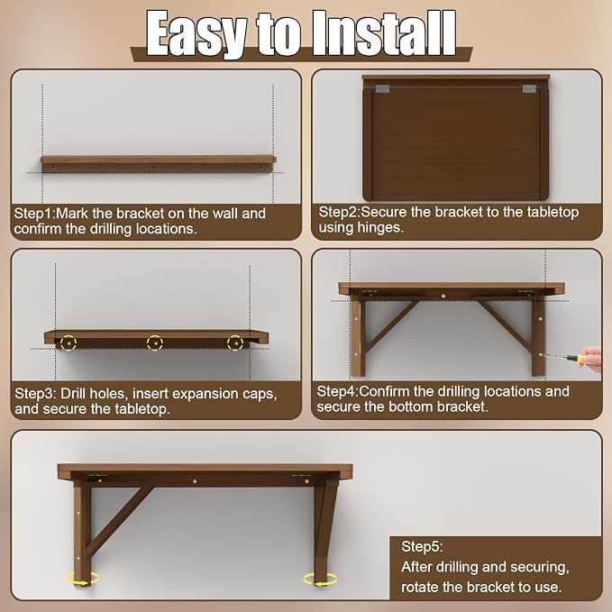 MM MELISEN Wall Mounted Desk - 32x24 Inch, Walnut Finish Solid Wood Desk for Bedroom Office or Laundry Room. Folds Down for laptops, up for Space. Ideal for Apartments, dorms, and Small Homes