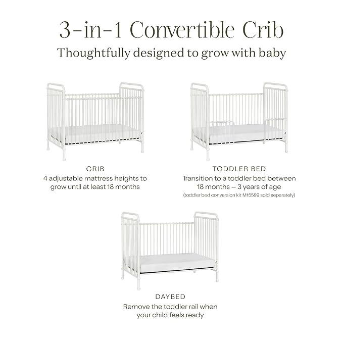 Namesake Abigail 3-in-1 Convertible Metal Crib in Washed White, Greenguard Gold Certified | GREENGUARD Gold Certified, Converts to Toddler Bed & Daybed, 4 Adjustable Mattress Heights, Conversion Kits Sold Separately