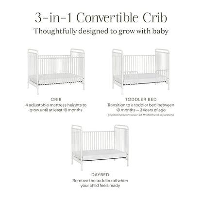 Namesake Abigail 3-in-1 Convertible Metal Crib in Washed White, Greenguard Gold Certified | GREENGUARD Gold Certified, Converts to Toddler Bed & Daybed, 4 Adjustable Mattress Heights, Conversion Kits Sold Separately