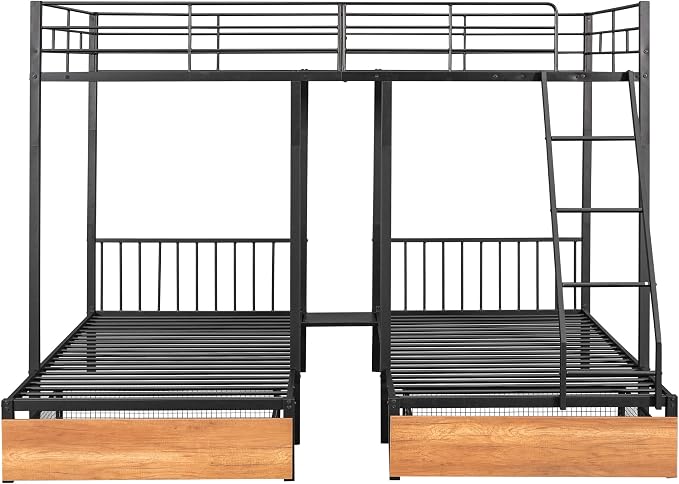 Full Over Twin & Twin Bunk Bed, Heavy Duty Metal Triple Bunk Bed with Drawers and Guardrails, Can be Divided into 3 Separate Beds, Triple Bunk Bed Frame for Kids Teens Aldults (Black + Metal)