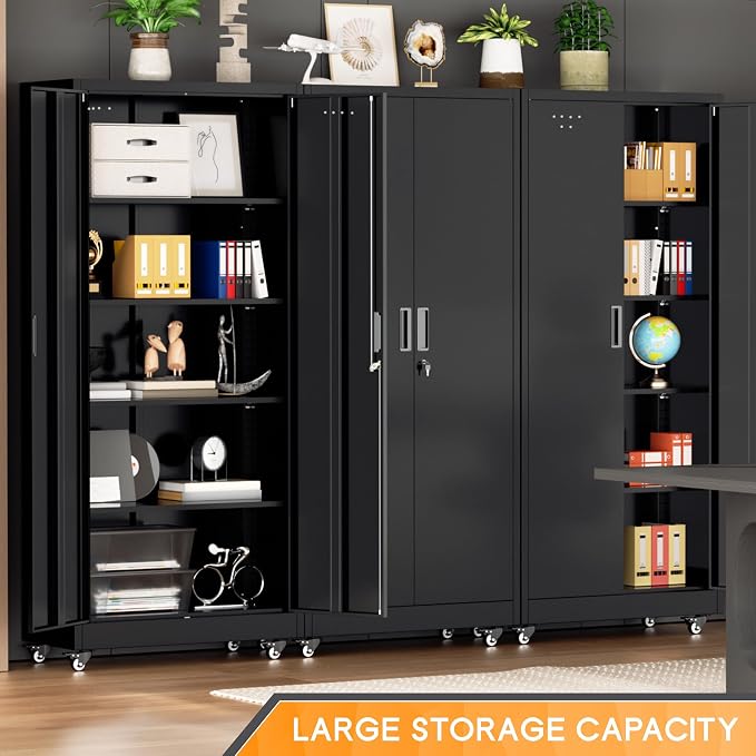 Bonusall 73" Metal Garage Storage Cabinet,Heavy-Duty Rolling Storage Cabinet with Wheels,Assembly Required,Locking Steel Cabinets for Home Office,Warehouse or Workshop-Black