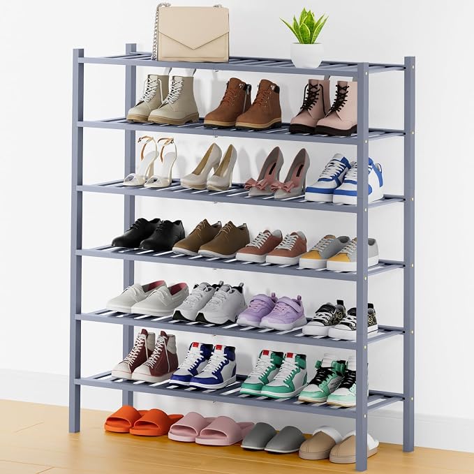 Smiry Long Bamboo Shoe Rack, 6 Tier Free Standing Wooden Shoe Organizer, Stackable Wood Shoe Storage Shelf for Closet, Entryway, 14 Vertical Slats, 2+2+2 Stack Thicker Legs, 33.7"x11"x39", Grey