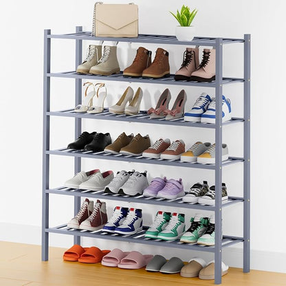 Smiry Long Bamboo Shoe Rack, 6 Tier Free Standing Wooden Shoe Organizer, Stackable Wood Shoe Storage Shelf for Closet, Entryway, 14 Vertical Slats, 2+2+2 Stack Thicker Legs, 33.7"x11"x39", Grey